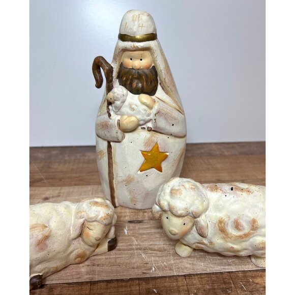 Hand-Painted Ceramic Nativity Set With Shepherd & Two Sheep Figurines Christmas - Picture 2 of 4